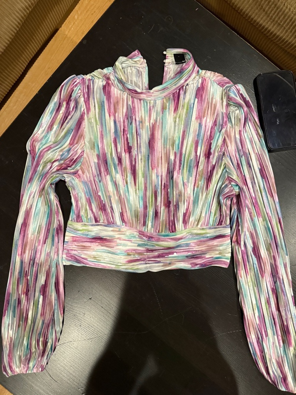 SHEIN Pastel Multi-Striped Pleated Long Sleeve Crop Top